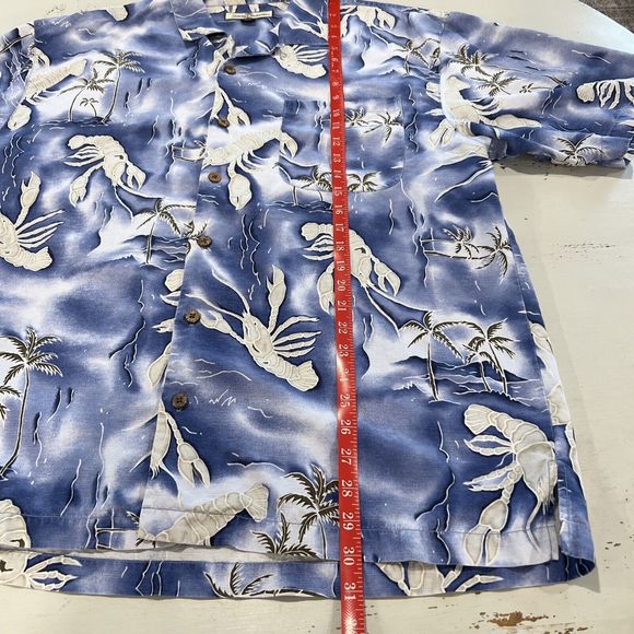 TOMMY BAHAMA SILK CAMP SHIRT XL BLUE PALM SHRIMP ALOHA Hawaiian Tropical - Picture 4 of 6